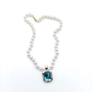 Brilliant Blue Avon Pendant Enhancer on Lustrous Knotted Glass Pearl Strand, Stu